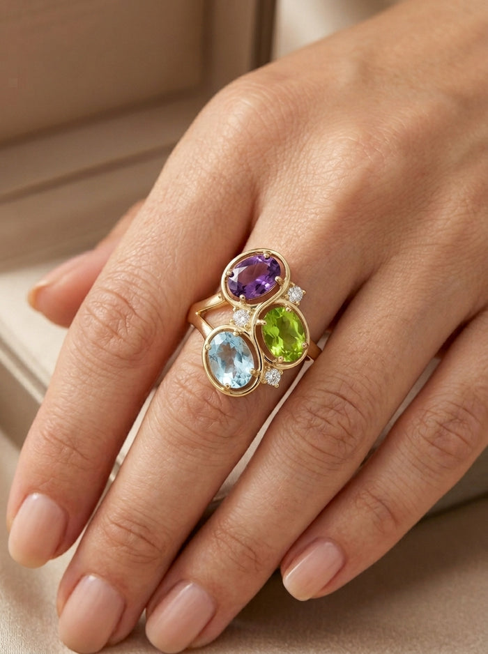 Anillo de oro 14k diseño cluster  multicolor Mod LM5405