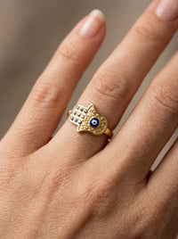 Anillo de oro 14k diseño mano de Fátima con ojos turcos Mod 5863