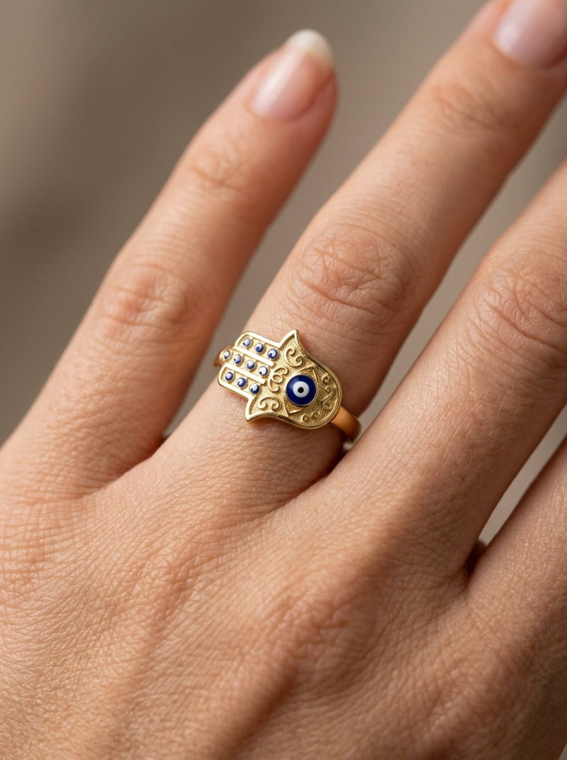 Anillo de oro 14k diseño mano de Fátima con ojos turcos Mod 5863