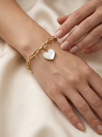 Pulsera de oro 14k diseño de corazón de piedra madre perla Mod LM5280 - 18 cm