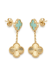 Aretes largos de oro 14k de tréboles turquesa y dorado Mod 5942 - 3.5 cm
