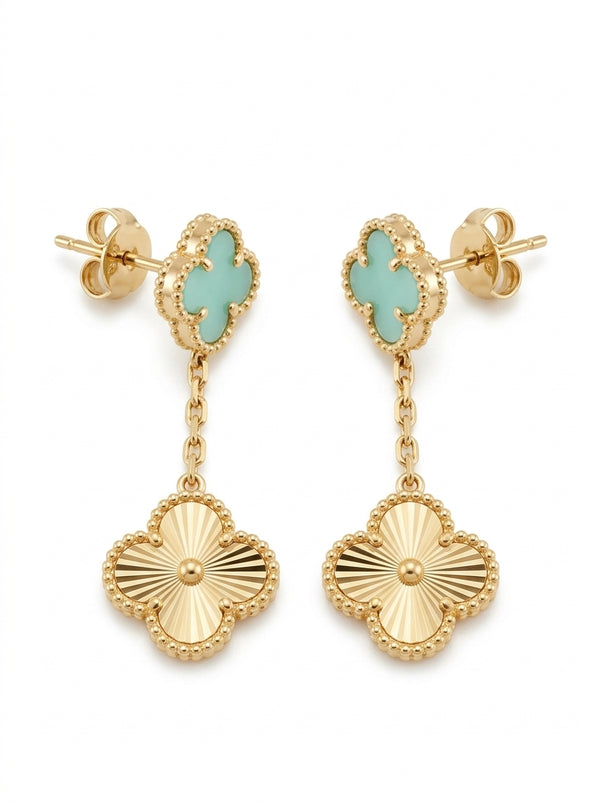 Aretes largos de oro 14k de tréboles turquesa y dorado Mod 5942 - 3.5 cm