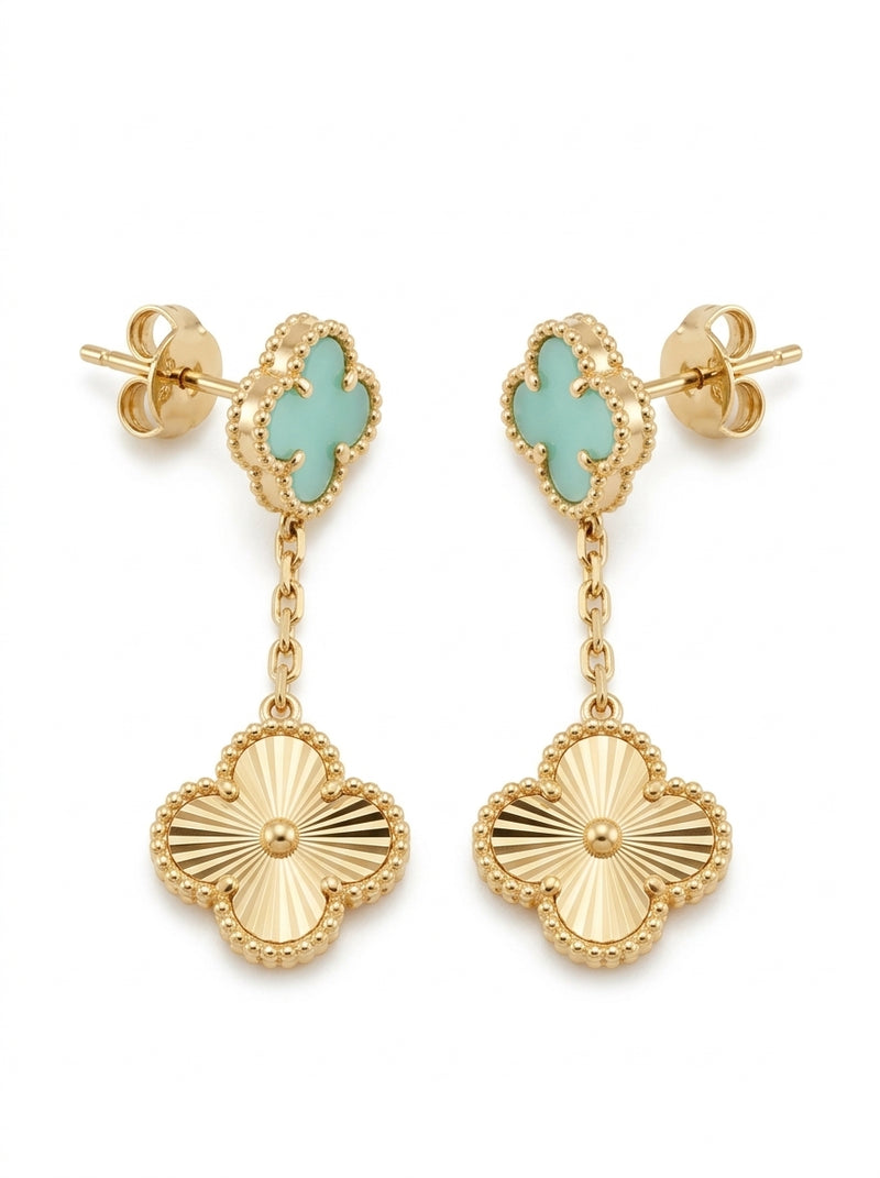 Aretes largos de oro 14k de tréboles turquesa y dorado Mod 5942 - 3.5 cm