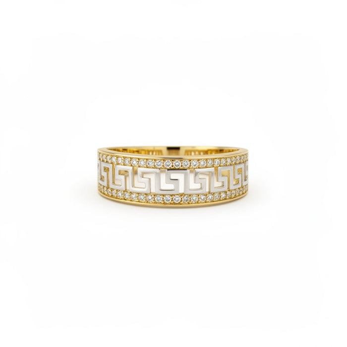Anillo de greca bicolor de oro 14k con incrustaciones de circonias Mod.
