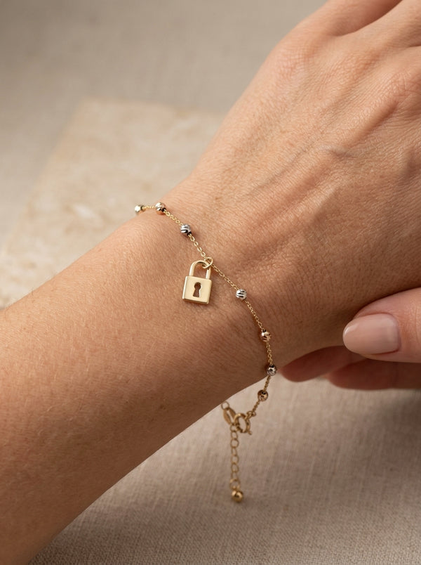 Pulsera de oro 14k diseño silueta de candado con bolitas 5928 - 18 cm