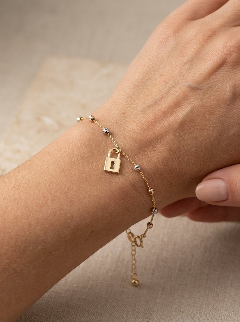 Pulsera de oro 14k diseño silueta de candado con bolitas 5928 - 18 cm