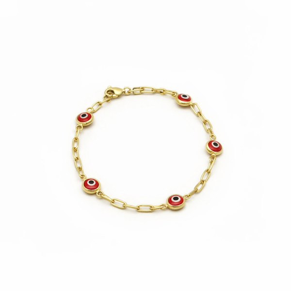 Pulsera clip de oro 10k con ojos turcos rojos - 18 cm