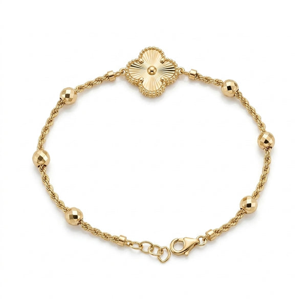Pulsera de oro 10k diseño de trébol  con bolitas diamantadas Mod 5655- 18 cm