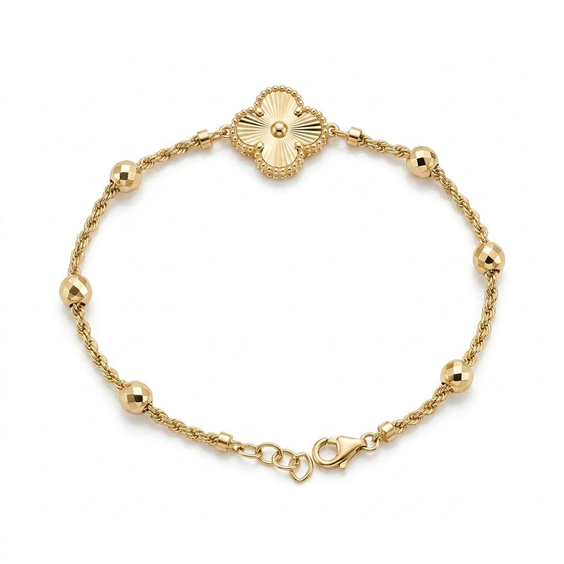 Pulsera de oro 10k diseño de trébol  con bolitas diamantadas Mod 5655- 18 cm
