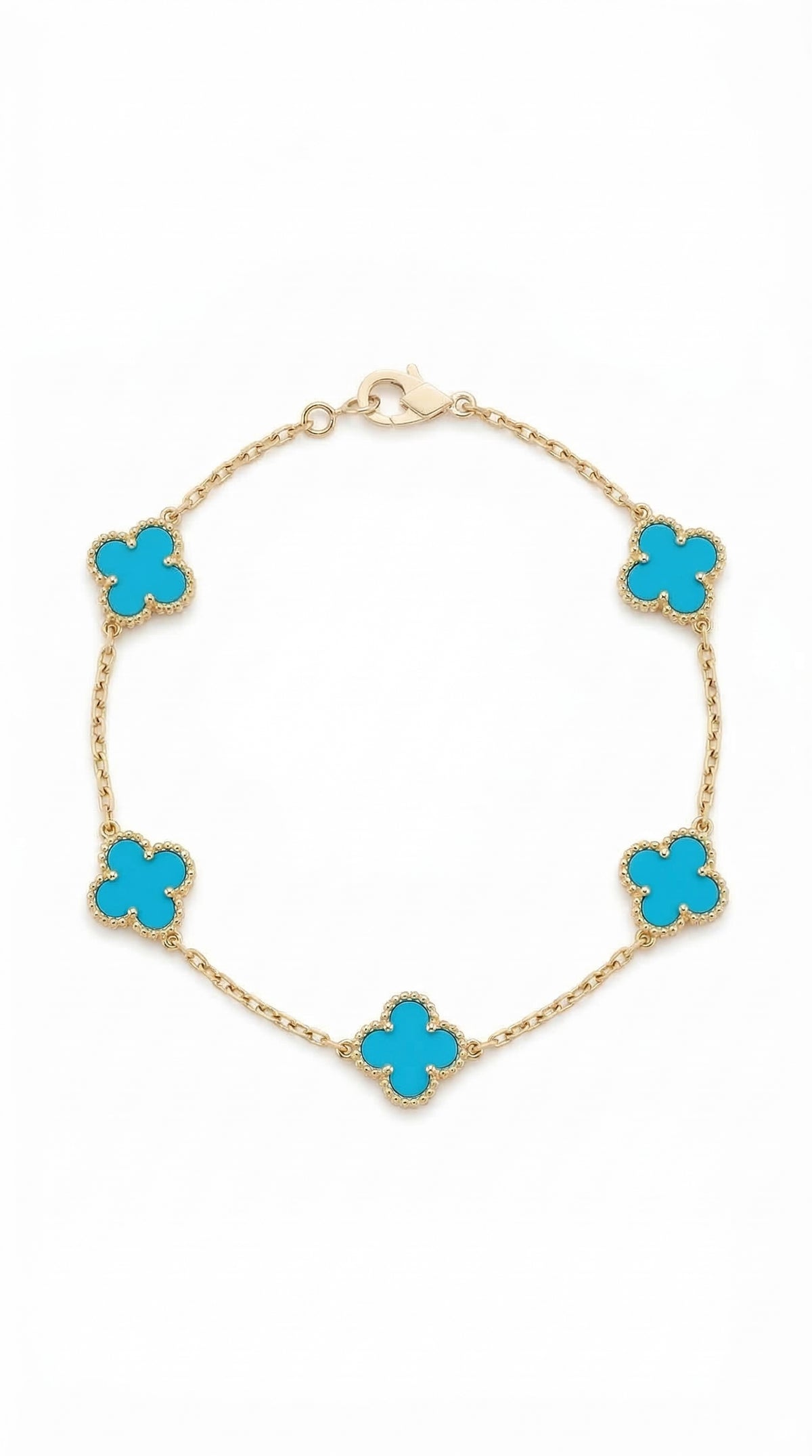 Pulsera de oro 14k de trébol mediano con piedra turquesa - 18 cm x 1 cm