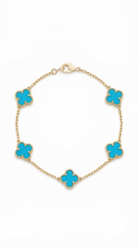 Pulsera de oro 14k de trébol mediano con piedra turquesa - 18 cm x 1 cm