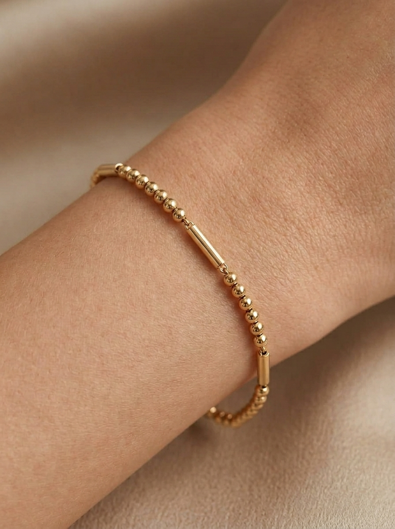 Pulsera de oro amarillo 14k diseño de bolitas con barras hueca Mod 5496 - 18 cm