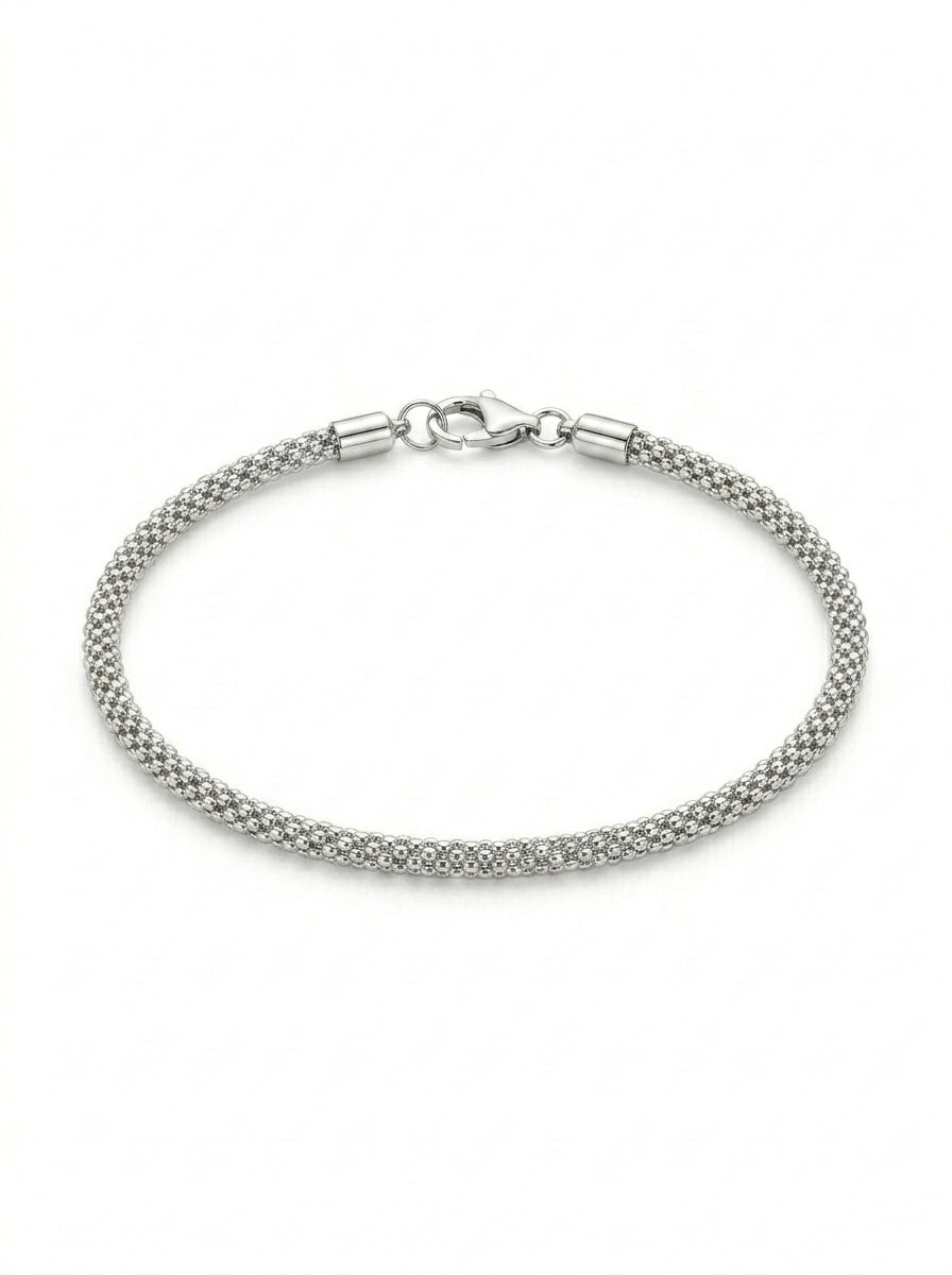 Pulsera de oro blanco 14k tejido popcorn mod 5507 18 cm x 2 mm