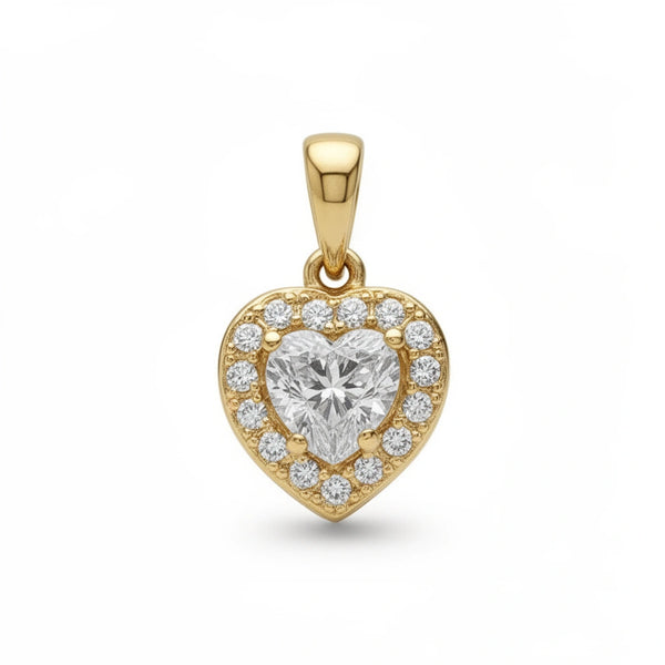 Dije de oro 14k piedra halo de  corazón con incrustaciones de circonias -1 cm