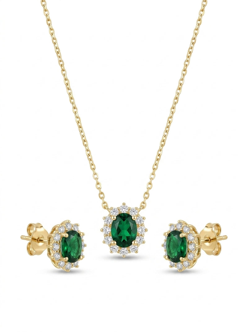 Juego de oro 14k con circonias verdes y blancas corte oval mod 5533