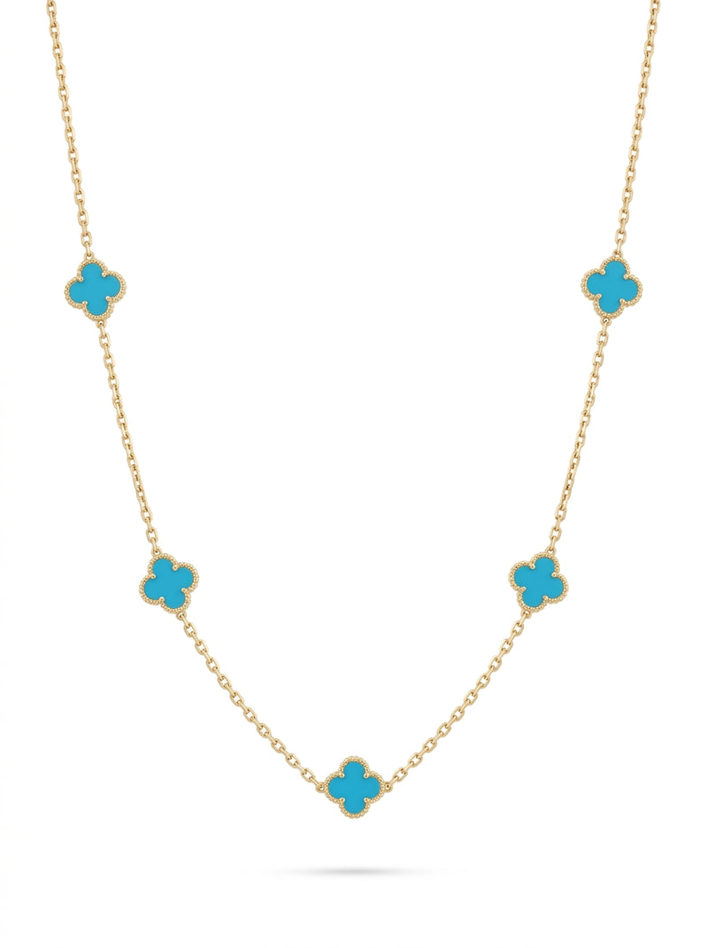 Gargantilla de oro 14k diseño de tréboles turquesa mod 5818 - 45 cm