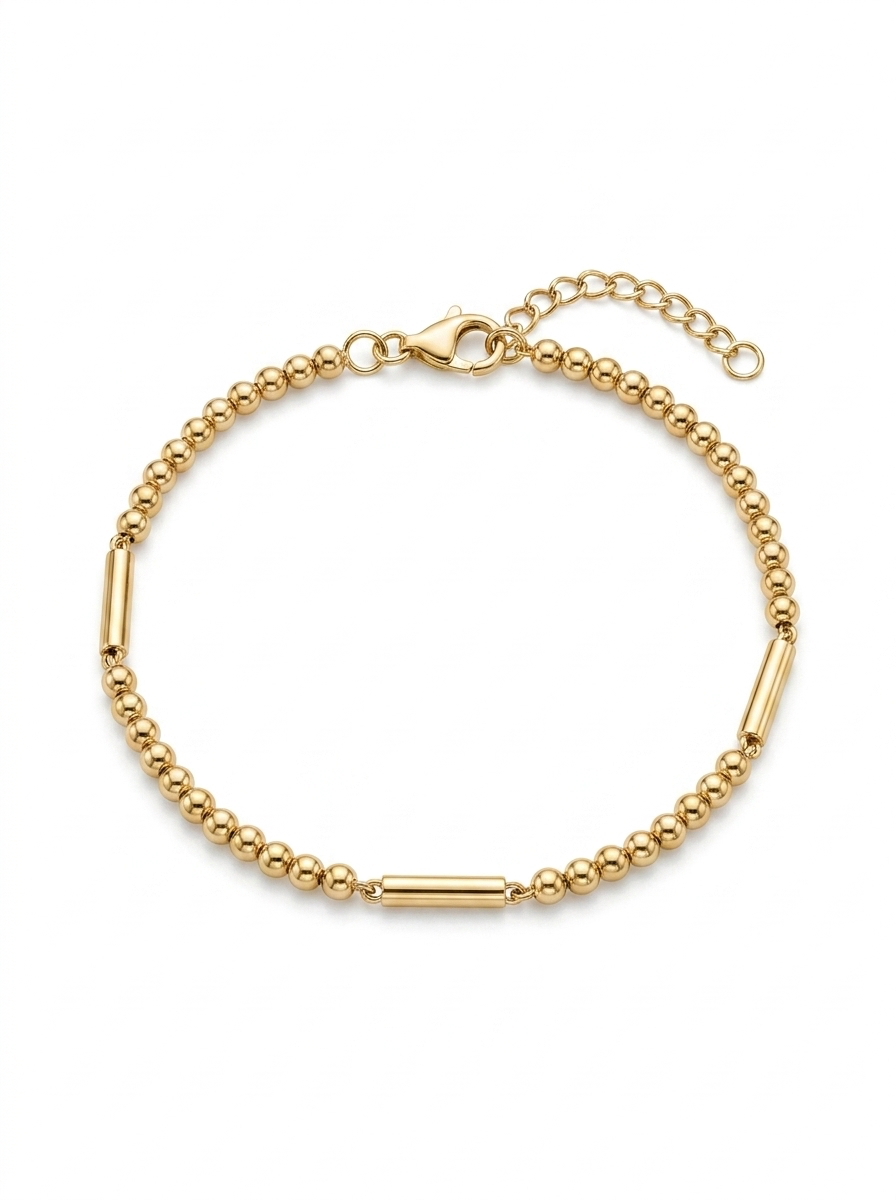 Pulsera de oro amarillo 14k diseño de bolitas con barras hueca Mod 5496 - 18 cm