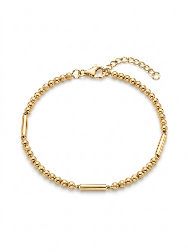 Pulsera de oro amarillo 14k diseño de bolitas con barras hueca Mod 5496 - 18 cm