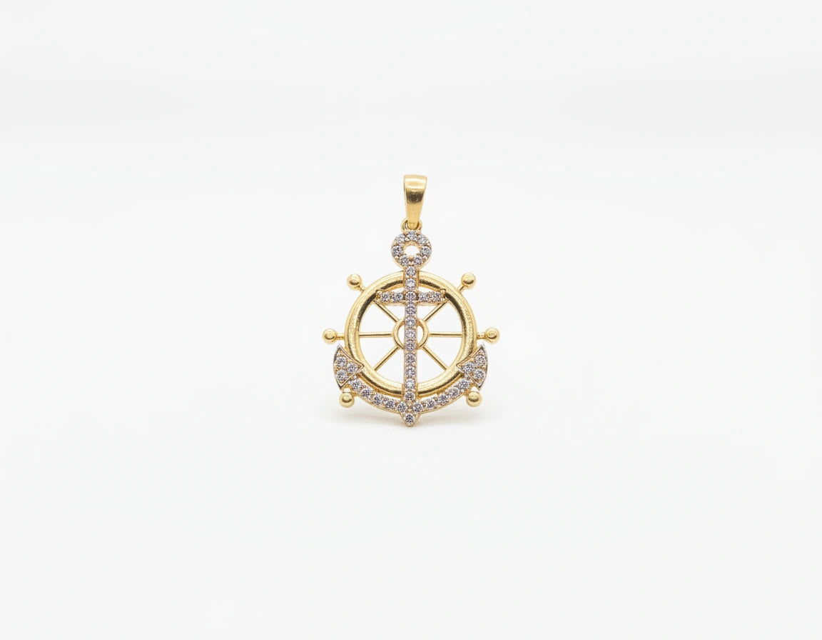 Dije ancla náutica en oro 14k con circonias Blancas