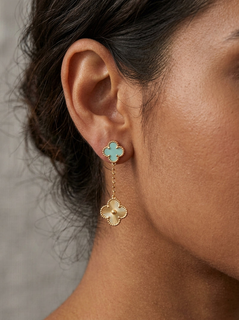 Aretes largos de oro 14k de tréboles turquesa y dorado Mod 5942 - 3.5 cm