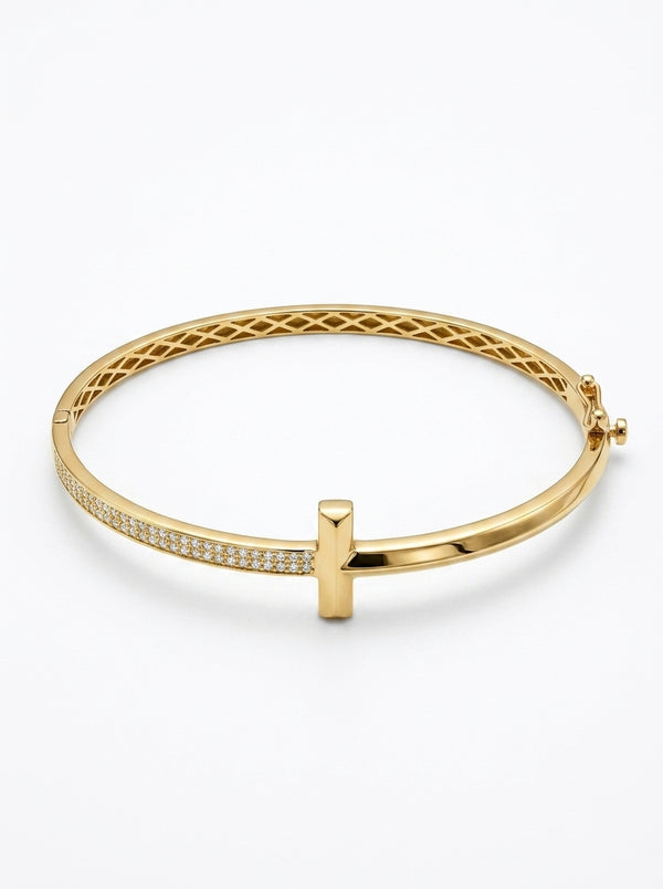 Brazalete de oro 10k tipo diseñador hueco con circonias Mod 5500 - 18 cm
