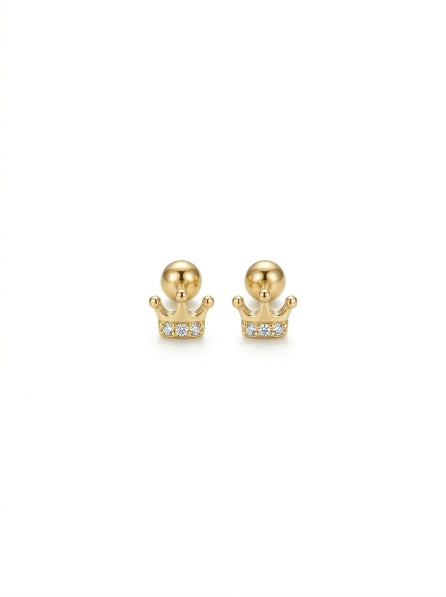 Broquel baby de oro 14k diseño de coronitas con diamantes naturales Mod 5445