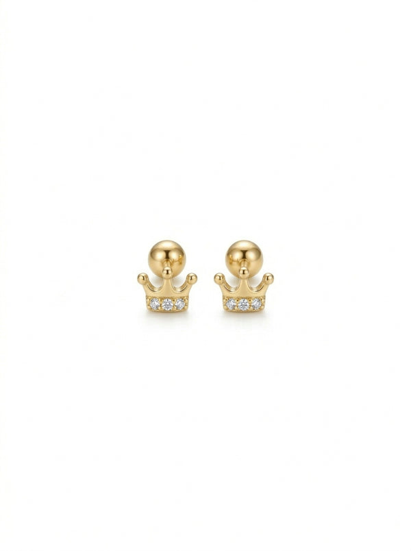 Broquel baby de oro 14k diseño de coronitas con diamantes naturales Mod 5445