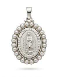 Medalla de oro blanco 14k diseño de la virgen de Guadalupe con perlas Mod 5437 - 2 cm