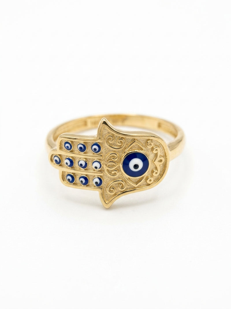 Anillo de oro 14k diseño mano de Fátima con ojos turcos Mod 5863