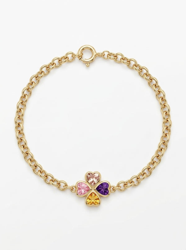 Pulsera de oro 14k diseño trébol de circonia con eslabones 5932 - 18 cm