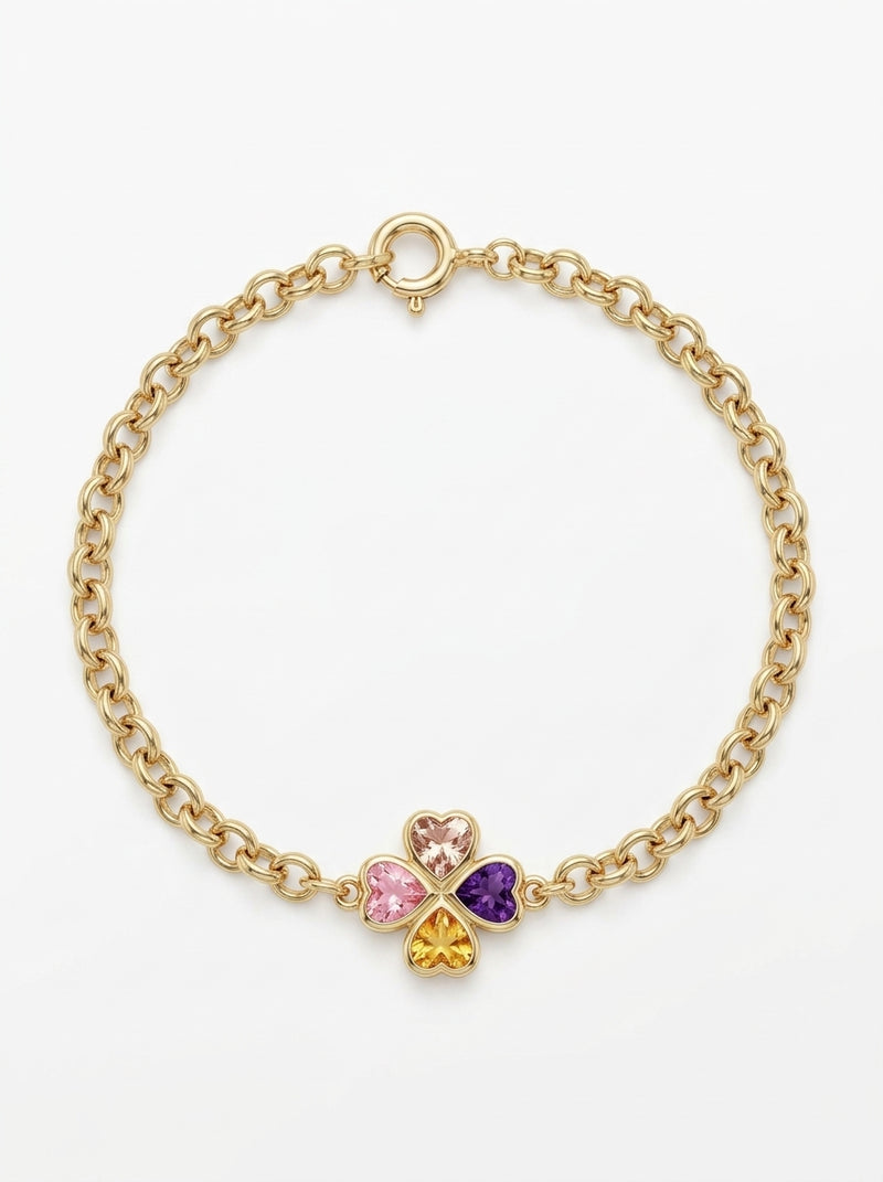 Pulsera de oro 14k diseño trébol de circonia con eslabones 5932 - 18 cm