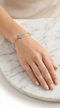 Pulsera de oro 14k de trébol mediano con piedra turquesa - 18 cm x 1 cm