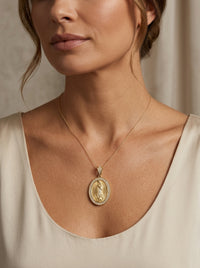 Medalla de oro 14k sólida diseño de la virgen con circonias Mod LM5153 - 2.5 cm