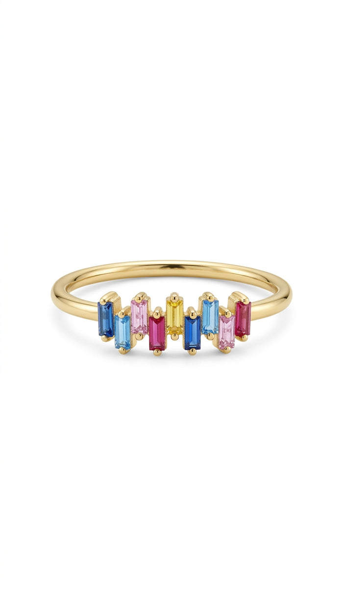 Anillo de Oro 14K con Circonias Baguette Multicolor