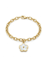 Pulsera de oro 14k diseño de margarita de piedra madre perla Mod LM5279 - 18 cm