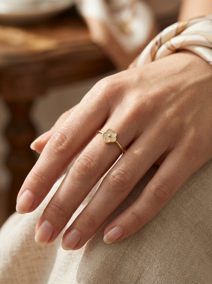 Anillo de oro 14k diseño de margarita de piedra de madre perla Mod LM5278