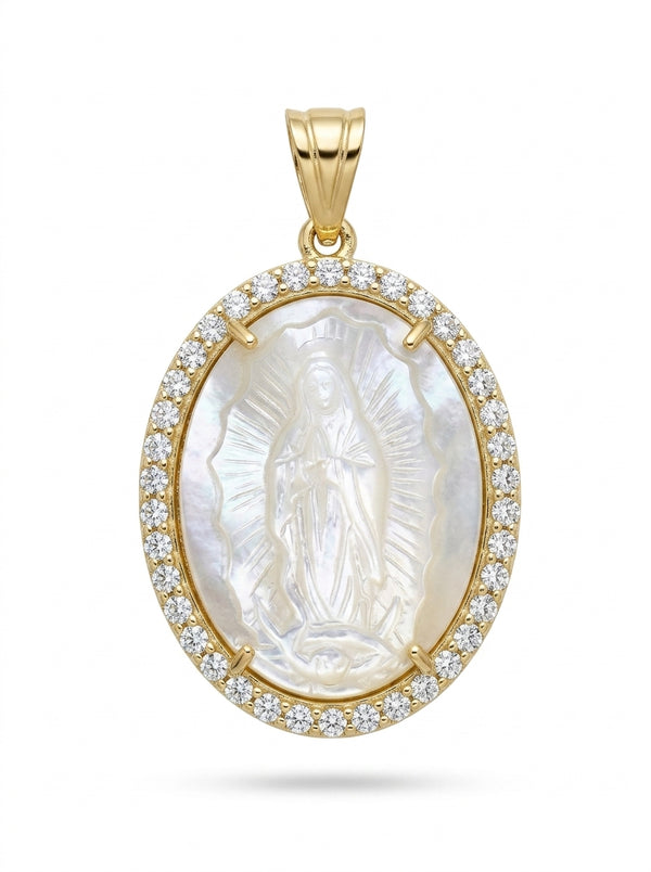 Medalla de oro 14k diseño de virgen en piedra madre perla Mod LM5431 - 3 cm C/Reaza