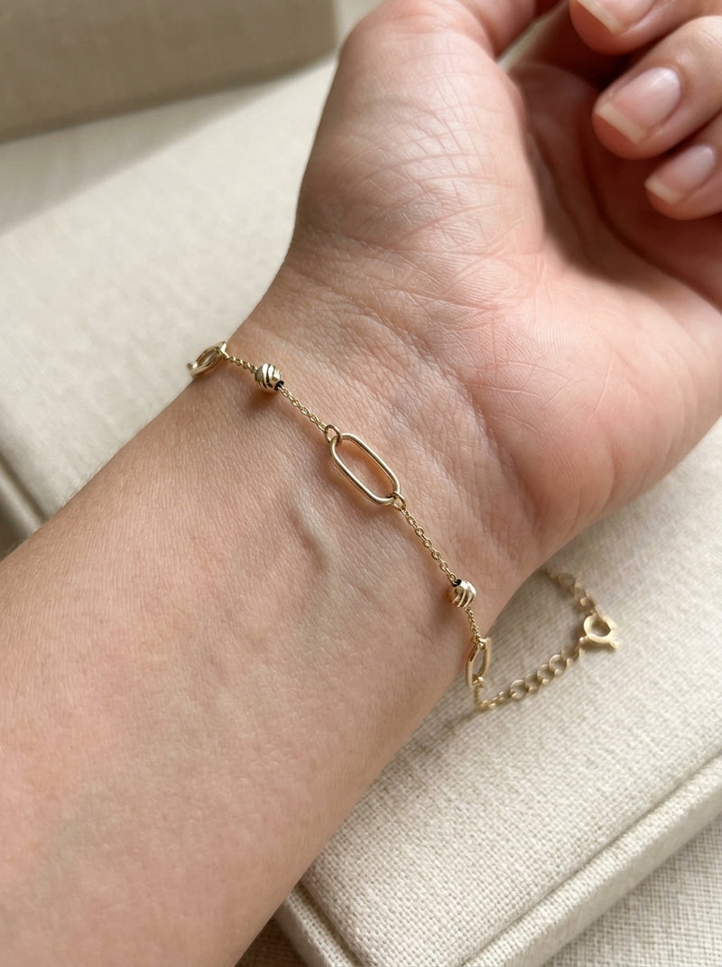 Pulsera de oro 14k diseño de eslabones con bolitas 5929 - 18 cm