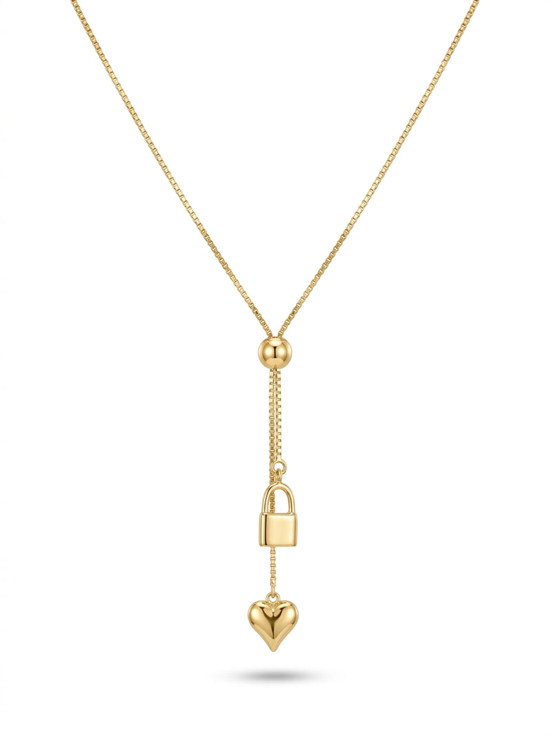 Gargantilla de oro 14k tipo corbatín diseño de corazón con candado Mod 5683 - 45 cm