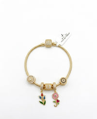 Pulsera de oro 14k cola de rata con charms de flores Mod LM5086 - 18 cm