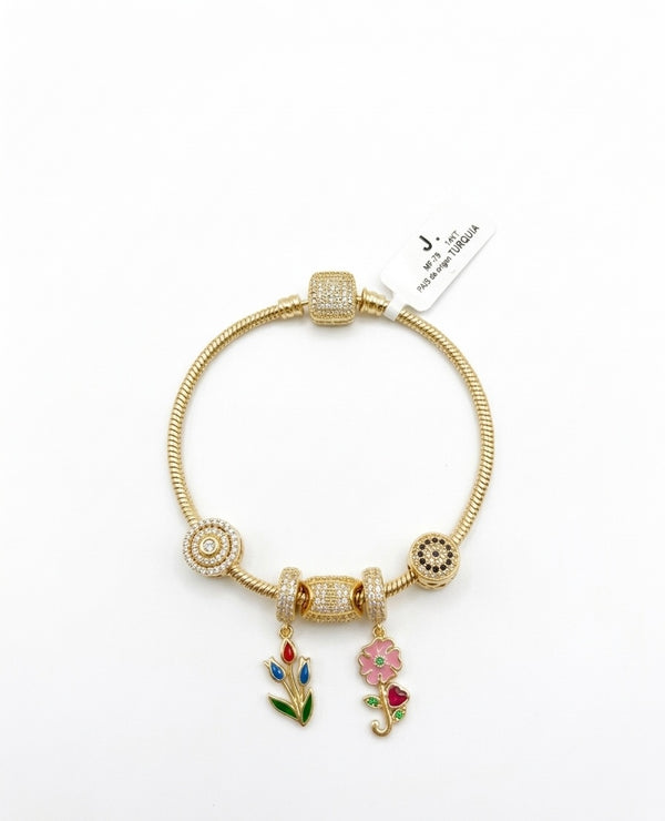 Pulsera de oro 14k cola de rata con charms de flores Mod LM5086 - 18 cm