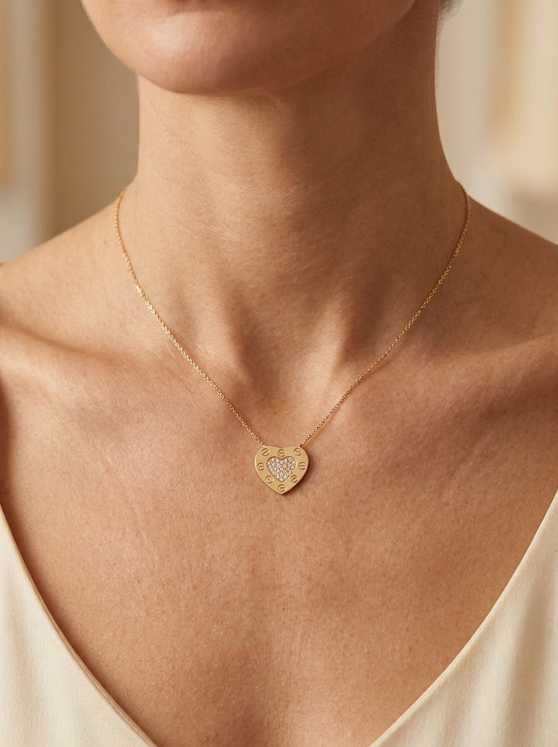 Gargantilla de oro 14k tipo diseñador corazón plano con circonias Mod 5774 - 45 cm
