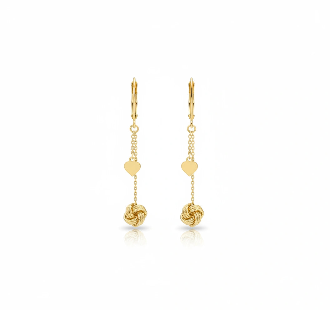 Aretes de nudo con caída y corazón en oro 14k