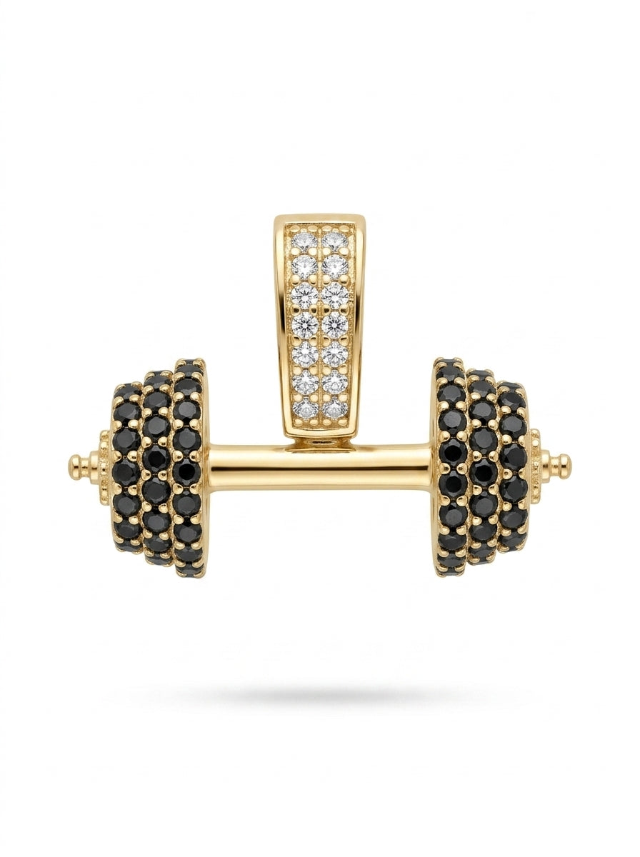 Dije de oro 14k diseño de mancuerna con circonias Mod LM5433 - 1.5 cm C/Reaza para caballero