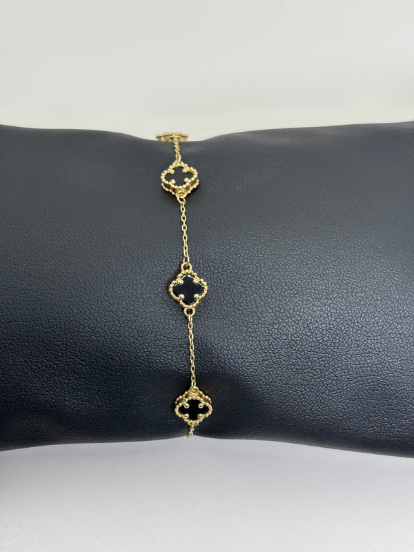 Pulsera de tréboles pequeños de oro 14k con piedra natural negras Onix