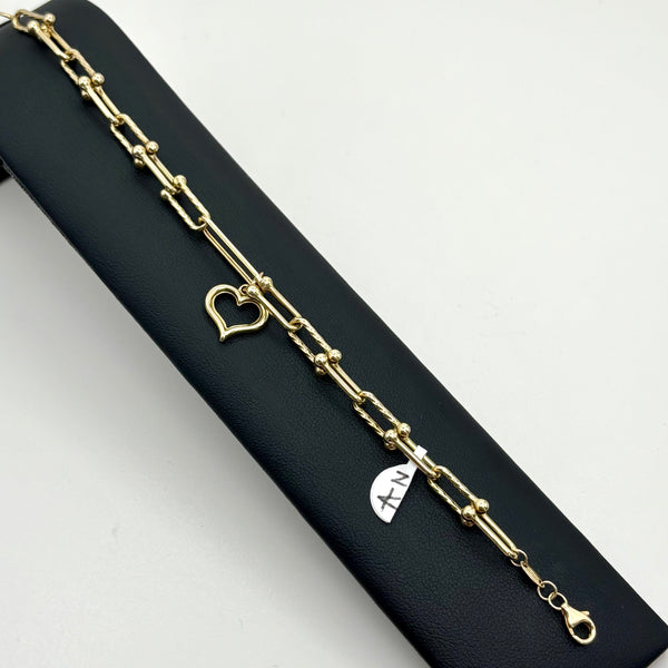 Pulsera de eslabones Especiales de Oro 14k con Pequeñas Esferas y Dije de Corazón