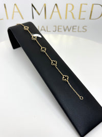 Pulsera de tréboles pequeños de oro 14k con piedra natural negras Onix