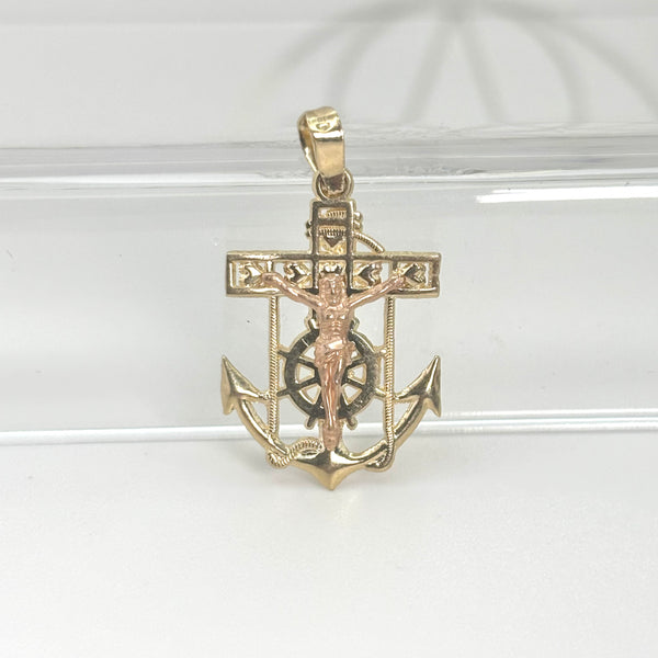 Dije de ancla con crucifijo de oro 14k para caballero