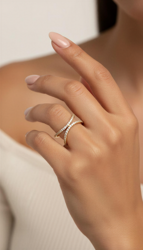 Anillo doble aspa cruzado de oro 10k con circonias
