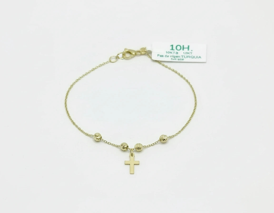 Pulsera con Cruz y Bolitas en Oro 10k medida de dama
